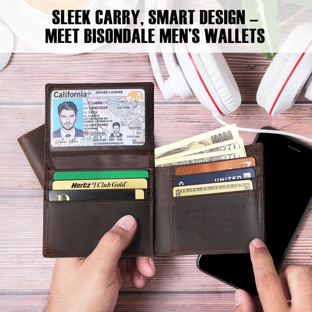 Alt view image 6 of 6 - Full Grain Crazy Horse Leather Slim Bifold Wallet for Men, Brown