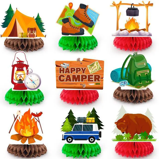 Main image of Camping Honeycomb Centerpieces, 9 Pcs Happy Camper Honeycomb Centerpieces Camper Table Centerpieces for Camping Birthday Party Decorations