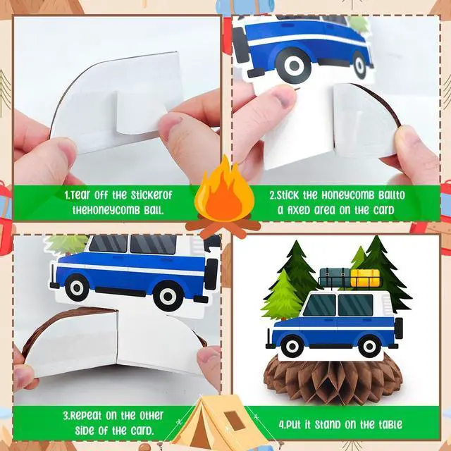Alt view image 3 of 6 - Camping Honeycomb Centerpieces, 9 Pcs Happy Camper Honeycomb Centerpieces Camper Table Centerpieces for Camping Birthday Party Decorations