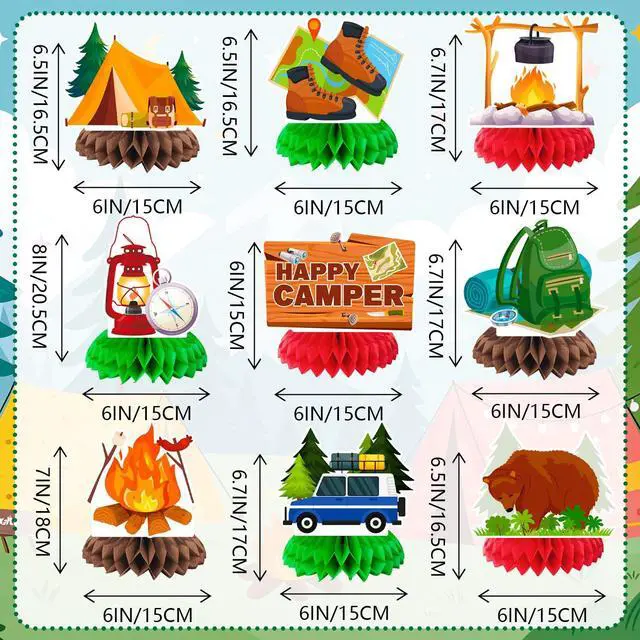Alt view image 2 of 6 - Camping Honeycomb Centerpieces, 9 Pcs Happy Camper Honeycomb Centerpieces Camper Table Centerpieces for Camping Birthday Party Decorations