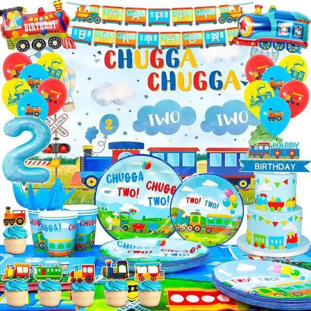 Main image of Chugga Chugga Two Two Party Decorations, 16 Guests Train Party Tableware Decorations Set Including Transportation Plates Napkins Tablecloth Banner Balloon Backdrop etc Train Birthday Party Supplies