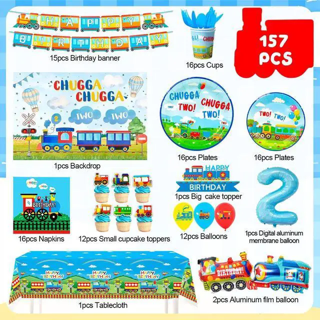 Alt view image 2 of 6 - Chugga Chugga Two Two Party Decorations, 16 Guests Train Party Tableware Decorations Set Including Transportation Plates Napkins Tablecloth Banner Balloon Backdrop etc Train Birthday Party Supplies