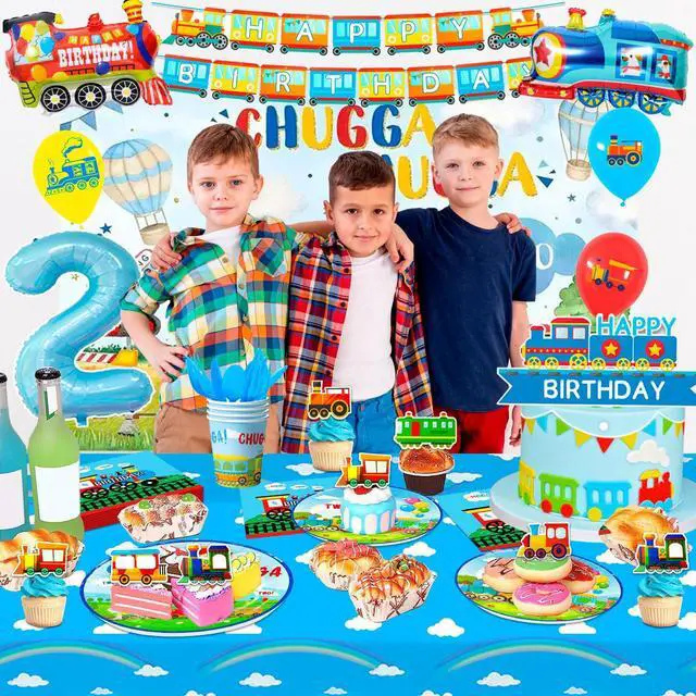 Alt view image 4 of 6 - Chugga Chugga Two Two Party Decorations, 16 Guests Train Party Tableware Decorations Set Including Transportation Plates Napkins Tablecloth Banner Balloon Backdrop etc Train Birthday Party Supplies