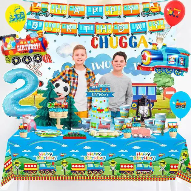 Alt view image 6 of 6 - Chugga Chugga Two Two Party Decorations, 16 Guests Train Party Tableware Decorations Set Including Transportation Plates Napkins Tablecloth Banner Balloon Backdrop etc Train Birthday Party Supplies