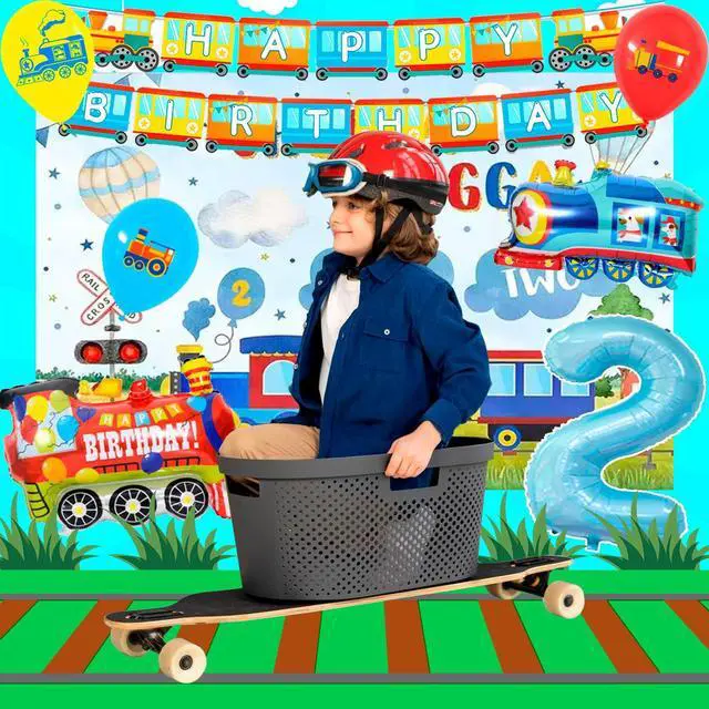 Alt view image 5 of 6 - Chugga Chugga Two Two Party Decorations, 16 Guests Train Party Tableware Decorations Set Including Transportation Plates Napkins Tablecloth Banner Balloon Backdrop etc Train Birthday Party Supplies