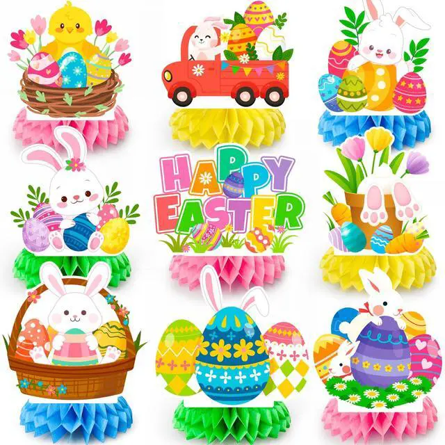 Main image of 9 Pcs Happy Easter Honeycomb Decorations, 3D Easter Table Decorations Spring Honeycomb Centerpiece for Table Decorations Bunny Easter Egg Centerpieces Decor for Easter Party Family Gathering
