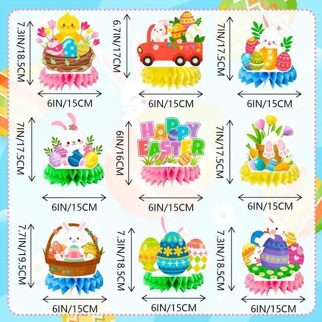 Alt view image 2 of 6 - 9 Pcs Happy Easter Honeycomb Decorations, 3D Easter Table Decorations Spring Honeycomb Centerpiece for Table Decorations Bunny Easter Egg Centerpieces Decor for Easter Party Family Gathering