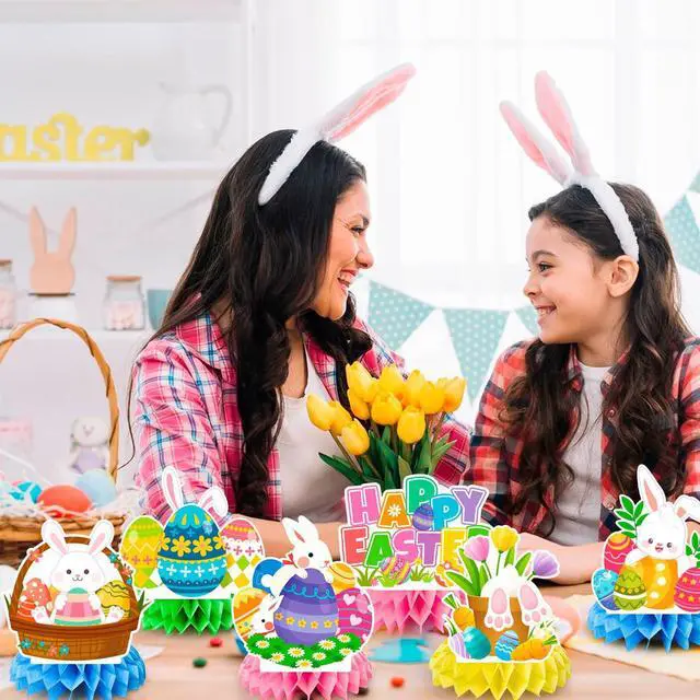 Alt view image 6 of 6 - 9 Pcs Happy Easter Honeycomb Decorations, 3D Easter Table Decorations Spring Honeycomb Centerpiece for Table Decorations Bunny Easter Egg Centerpieces Decor for Easter Party Family Gathering