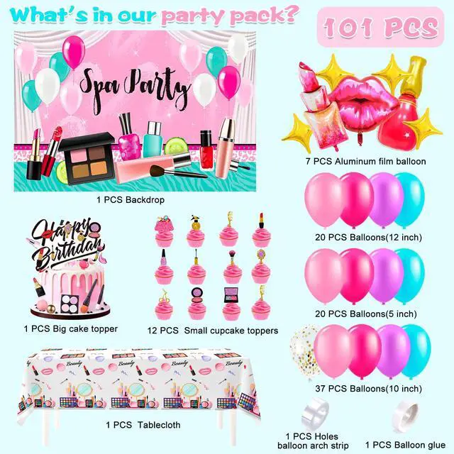 Alt view image 2 of 6 - Makeup Birthday Party Decorations, 101 Pcs Spa Birthday Party Decorations, Spa Party Balloons Backdrop Cake Toppers Tablecloth etc