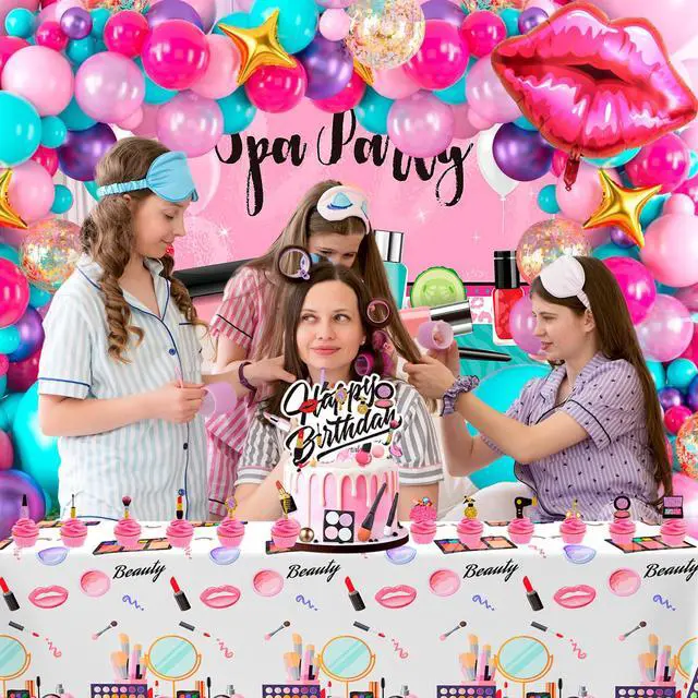 Alt view image 3 of 6 - Makeup Birthday Party Decorations, 101 Pcs Spa Birthday Party Decorations, Spa Party Balloons Backdrop Cake Toppers Tablecloth etc