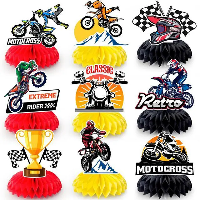Main image of Motorcycle Honeycomb Centerpiece, 9 Pcs Motorbike Happy Birthday Honeycomb Centerpieces/Dirt Bike Party Centerpieces/Motorcycle Birthday Decorations Honeycomb for Dirt Bike Birthday Party Decorations