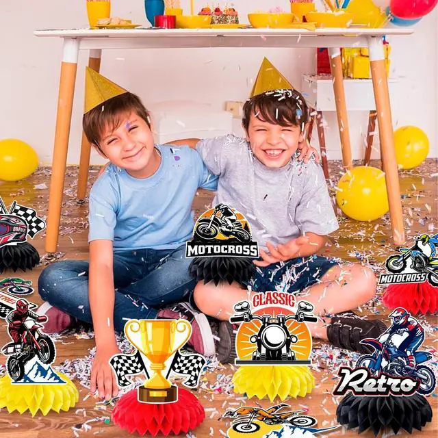 Alt view image 5 of 6 - Motorcycle Honeycomb Centerpiece, 9 Pcs Motorbike Happy Birthday Honeycomb Centerpieces/Dirt Bike Party Centerpieces/Motorcycle Birthday Decorations Honeycomb for Dirt Bike Birthday Party Decorations