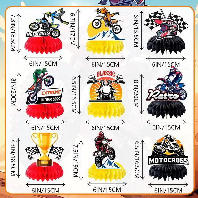 Alt view image 6 of 6 - Motorcycle Honeycomb Centerpiece, 9 Pcs Motorbike Happy Birthday Honeycomb Centerpieces/Dirt Bike Party Centerpieces/Motorcycle Birthday Decorations Honeycomb for Dirt Bike Birthday Party Decorations