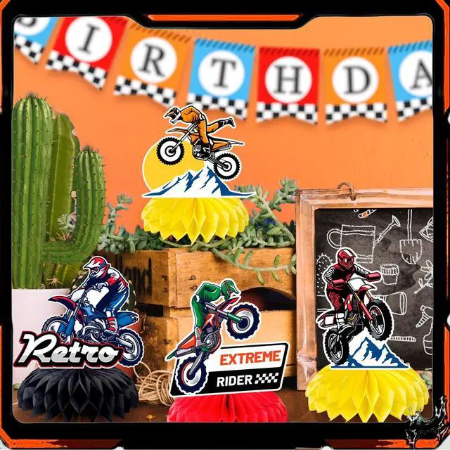 Alt view image 4 of 6 - Motorcycle Honeycomb Centerpiece, 9 Pcs Motorbike Happy Birthday Honeycomb Centerpieces/Dirt Bike Party Centerpieces/Motorcycle Birthday Decorations Honeycomb for Dirt Bike Birthday Party Decorations