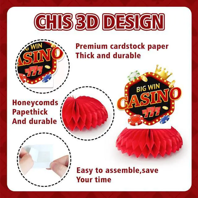Alt view image 3 of 6 - Casino Theme Party Decorations, 9pcs Casino Party Centerpieces/Casino Poker Dice Honeycomb Centerpieces/Casino Party Table Centerpiece for Casino Night Decorations, Casino Theme Party Decorations