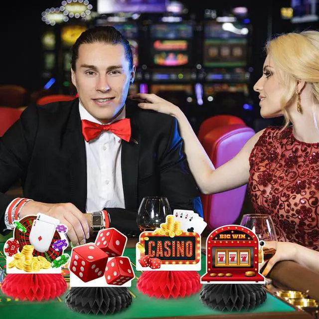 Alt view image 5 of 6 - Casino Theme Party Decorations, 9pcs Casino Party Centerpieces/Casino Poker Dice Honeycomb Centerpieces/Casino Party Table Centerpiece for Casino Night Decorations, Casino Theme Party Decorations