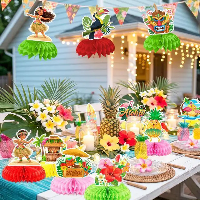 Alt view image 2 of 7 - Luau Party Decorations, 10pcs Hawaii Centerpiece Decoration Luau Hawaiian Table Honeycomb, Aloha Tropical Theme Table Decorations for Tropical Party Decorations Supplies