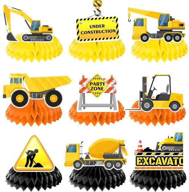 Main image of 9 Pcs Construction Birthday Party Honeycomb Centerpieces, Construction Truck Excavator Honeycomb Centerpieces for Construction Birthday Party Decorations