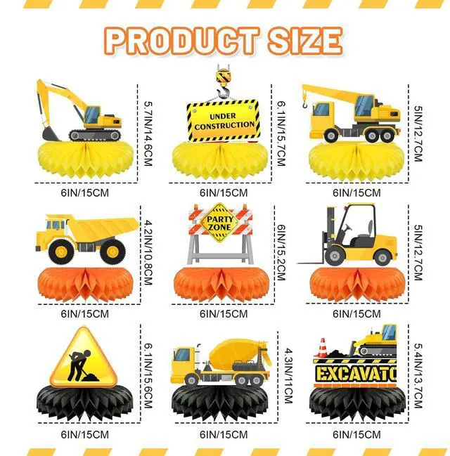Alt view image 2 of 6 - 9 Pcs Construction Birthday Party Honeycomb Centerpieces, Construction Truck Excavator Honeycomb Centerpieces for Construction Birthday Party Decorations