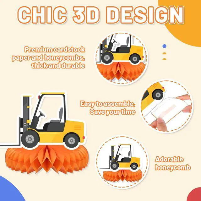 Alt view image 3 of 6 - 9 Pcs Construction Birthday Party Honeycomb Centerpieces, Construction Truck Excavator Honeycomb Centerpieces for Construction Birthday Party Decorations