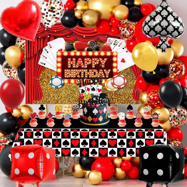 Main image of Casino Theme Party Decor, 85 Pcs Casino Night Decorations Set - Casino Party Balloons Backdrop Cake Topper Tablecloth etc Las Vegas Party Decorations supplies