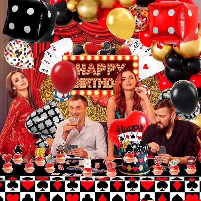 Alt view image 3 of 6 - Casino Theme Party Decor, 85 Pcs Casino Night Decorations Set - Casino Party Balloons Backdrop Cake Topper Tablecloth etc Las Vegas Party Decorations supplies