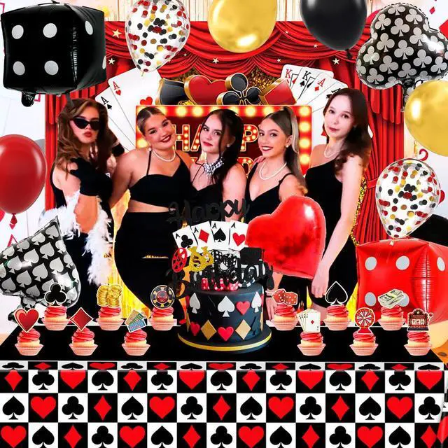 Alt view image 5 of 6 - Casino Theme Party Decor, 85 Pcs Casino Night Decorations Set - Casino Party Balloons Backdrop Cake Topper Tablecloth etc Las Vegas Party Decorations supplies