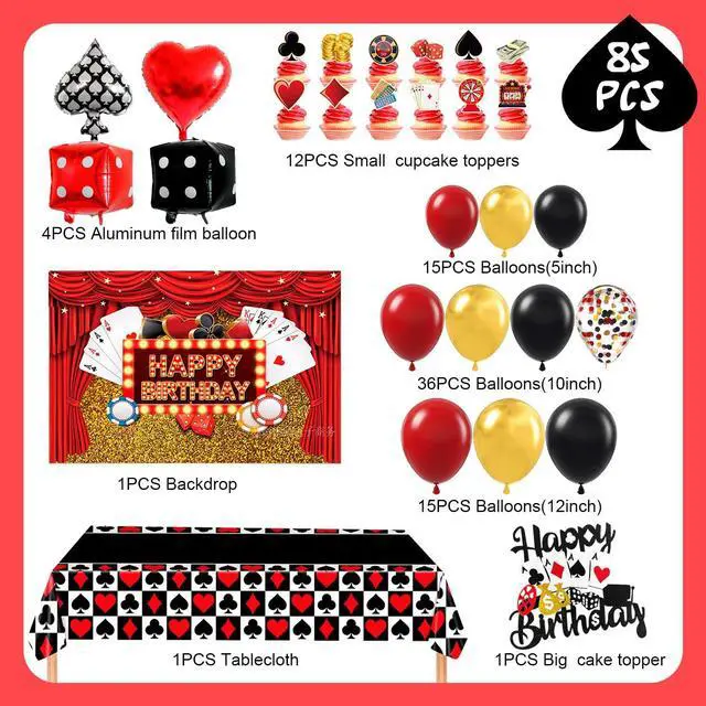 Alt view image 6 of 6 - Casino Theme Party Decor, 85 Pcs Casino Night Decorations Set - Casino Party Balloons Backdrop Cake Topper Tablecloth etc Las Vegas Party Decorations supplies