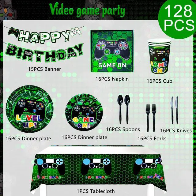 Alt view image 2 of 6 - 16 Guests Video Game Birthday Party Tableware, Video Game Plates and Napkins Party Supplies Includes Video Games Party Plates Cups Table Cloth Banner etc Gaming Birthday Party Decorations Supplies