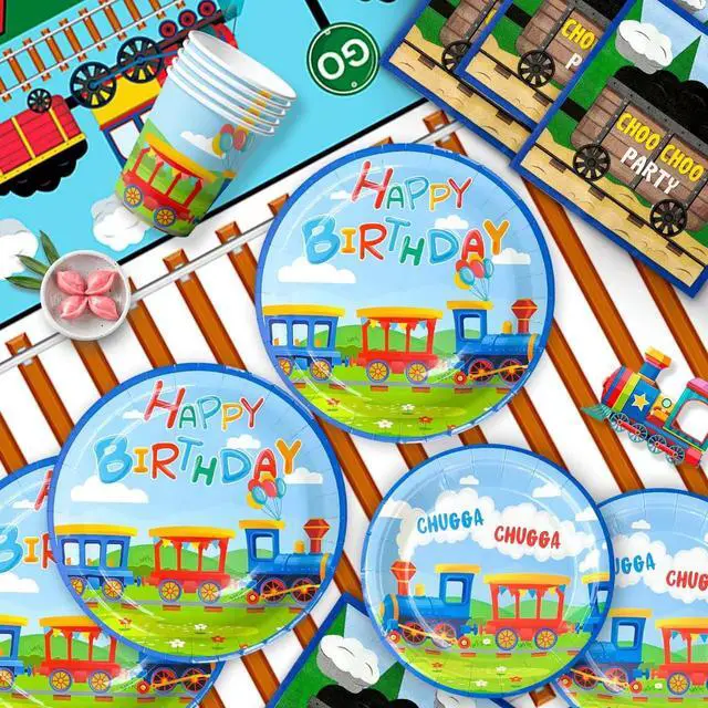Alt view image 2 of 6 - Train Birthday Party Supplies, 128 Pcs Train Party Decorations Tableware Set, Train Plates and Cups Napkins Train Birthday Banner Tablecloth etc Train Themed Tableware