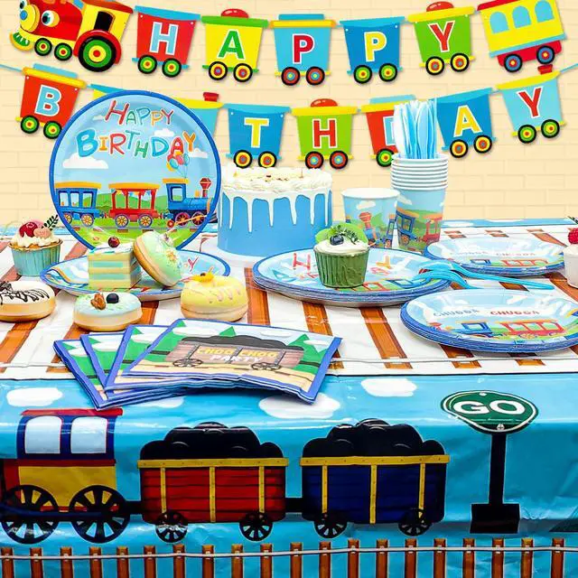 Alt view image 3 of 6 - Train Birthday Party Supplies, 128 Pcs Train Party Decorations Tableware Set, Train Plates and Cups Napkins Train Birthday Banner Tablecloth etc Train Themed Tableware