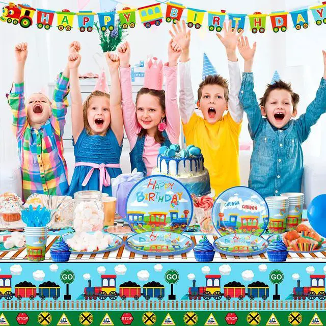 Alt view image 4 of 6 - Train Birthday Party Supplies, 128 Pcs Train Party Decorations Tableware Set, Train Plates and Cups Napkins Train Birthday Banner Tablecloth etc Train Themed Tableware