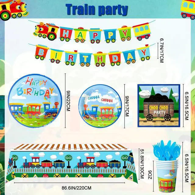 Alt view image 5 of 6 - Train Birthday Party Supplies, 128 Pcs Train Party Decorations Tableware Set, Train Plates and Cups Napkins Train Birthday Banner Tablecloth etc Train Themed Tableware
