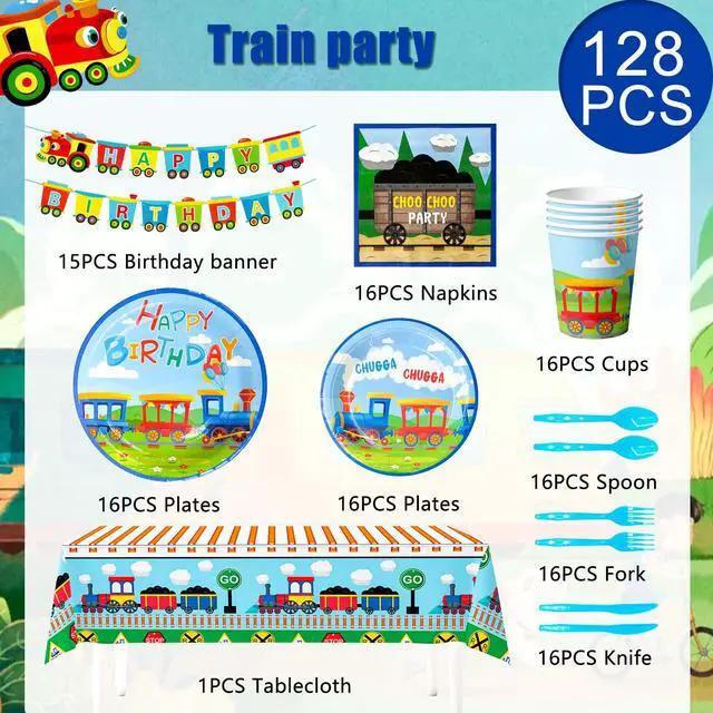 Alt view image 6 of 6 - Train Birthday Party Supplies, 128 Pcs Train Party Decorations Tableware Set, Train Plates and Cups Napkins Train Birthday Banner Tablecloth etc Train Themed Tableware