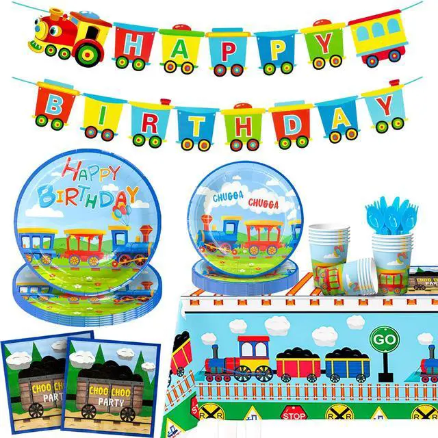 Main image of Train Birthday Party Supplies, 128 Pcs Train Party Decorations Tableware Set, Train Plates and Cups Napkins Train Birthday Banner Tablecloth etc Train Themed Tableware