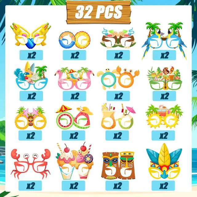 Alt view image 2 of 6 - Summer Pool Party Decorations, 32 Pcs Beach Party Paper Glasses Hawaiian Tropical Party Photo Booth Props Ocean Line Luau Sunglasses for Summer Pool Aloha Party Supplies