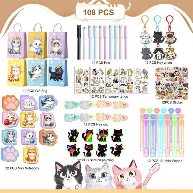 Alt view image 2 of 6 - Cat Party Favors Decorations Stuffers, 108 Pcs Cat Birthday Party Decorations Fillers Including Cat Animal Scratch Bookmarks Tattoos Pens Notebooks etc Cat Birthday Party Supplies