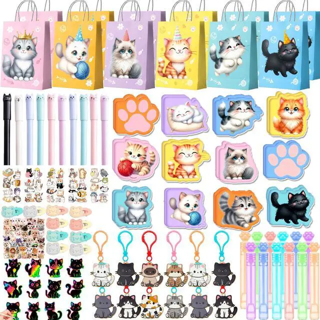 Main image of Cat Party Favors Decorations Stuffers, 108 Pcs Cat Birthday Party Decorations Fillers Including Cat Animal Scratch Bookmarks Tattoos Pens Notebooks etc Cat Birthday Party Supplies