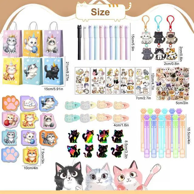 Alt view image 3 of 6 - Cat Party Favors Decorations Stuffers, 108 Pcs Cat Birthday Party Decorations Fillers Including Cat Animal Scratch Bookmarks Tattoos Pens Notebooks etc Cat Birthday Party Supplies