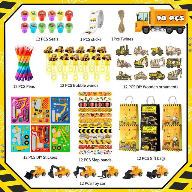 Alt view image 2 of 6 - Construction Vehicle Favors, 98pcs Construction Truck Party Favors Set Includes Construction Vehicle toys Bubble Wands Stickers Stampers etc Construction Party Favor for Excavator Birthday Decorations