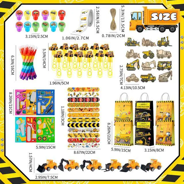 Alt view image 3 of 6 - Construction Vehicle Favors, 98pcs Construction Truck Party Favors Set Includes Construction Vehicle toys Bubble Wands Stickers Stampers etc Construction Party Favor for Excavator Birthday Decorations