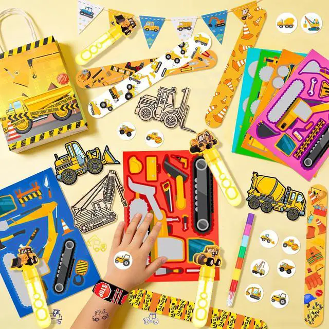Alt view image 5 of 6 - Construction Vehicle Favors, 98pcs Construction Truck Party Favors Set Includes Construction Vehicle toys Bubble Wands Stickers Stampers etc Construction Party Favor for Excavator Birthday Decorations