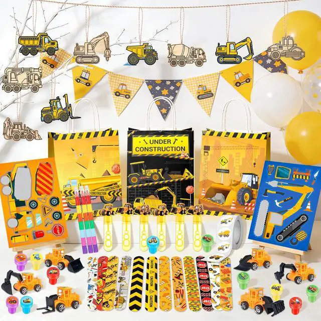 Alt view image 6 of 6 - Construction Vehicle Favors, 98pcs Construction Truck Party Favors Set Includes Construction Vehicle toys Bubble Wands Stickers Stampers etc Construction Party Favor for Excavator Birthday Decorations