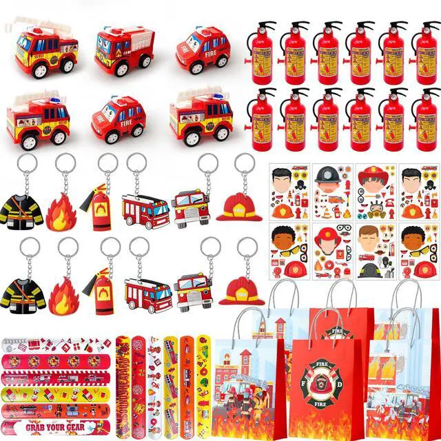 Main image of Firefighter Party Favors, 72 Pcs Fire Truck Party Favors Set Firefighter Party Stickers Slap Bracelets Keychains etc Firefighter Themed Party Favors for Firefighter Birthday Party Decorations Supplies