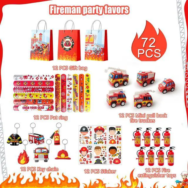 Alt view image 2 of 6 - Firefighter Party Favors, 72 Pcs Fire Truck Party Favors Set Firefighter Party Stickers Slap Bracelets Keychains etc Firefighter Themed Party Favors for Firefighter Birthday Party Decorations Supplies