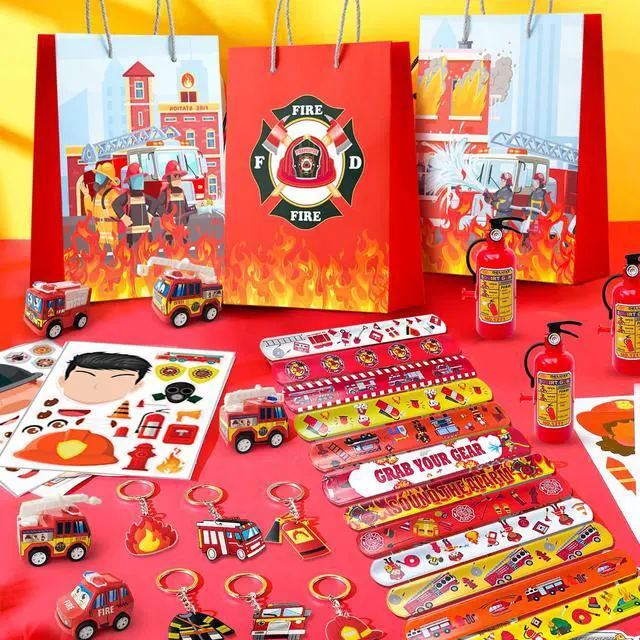Alt view image 5 of 6 - Firefighter Party Favors, 72 Pcs Fire Truck Party Favors Set Firefighter Party Stickers Slap Bracelets Keychains etc Firefighter Themed Party Favors for Firefighter Birthday Party Decorations Supplies