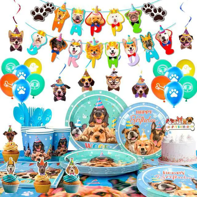 Main image of 159 Pcs Puppy Birthday Party Decorations, 16 Guests Dog Birthday Tableware Set Dog Party Plates Cups Napkins Tablecloth Banner Balloon Cake Topper etc Puppy Party Supplies