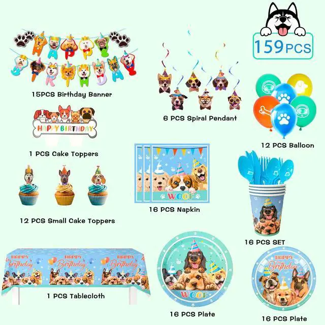 Alt view image 2 of 6 - 159 Pcs Puppy Birthday Party Decorations, 16 Guests Dog Birthday Tableware Set Dog Party Plates Cups Napkins Tablecloth Banner Balloon Cake Topper etc Puppy Party Supplies