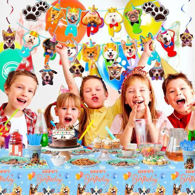 Alt view image 3 of 6 - 159 Pcs Puppy Birthday Party Decorations, 16 Guests Dog Birthday Tableware Set Dog Party Plates Cups Napkins Tablecloth Banner Balloon Cake Topper etc Puppy Party Supplies