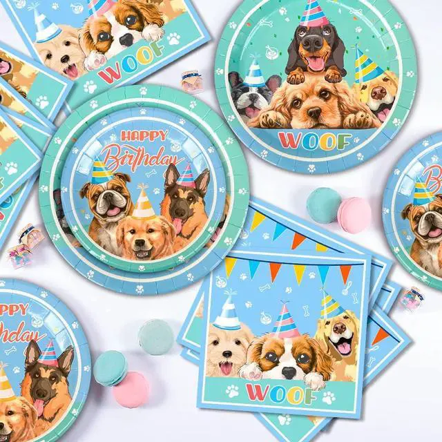 Alt view image 6 of 6 - 159 Pcs Puppy Birthday Party Decorations, 16 Guests Dog Birthday Tableware Set Dog Party Plates Cups Napkins Tablecloth Banner Balloon Cake Topper etc Puppy Party Supplies